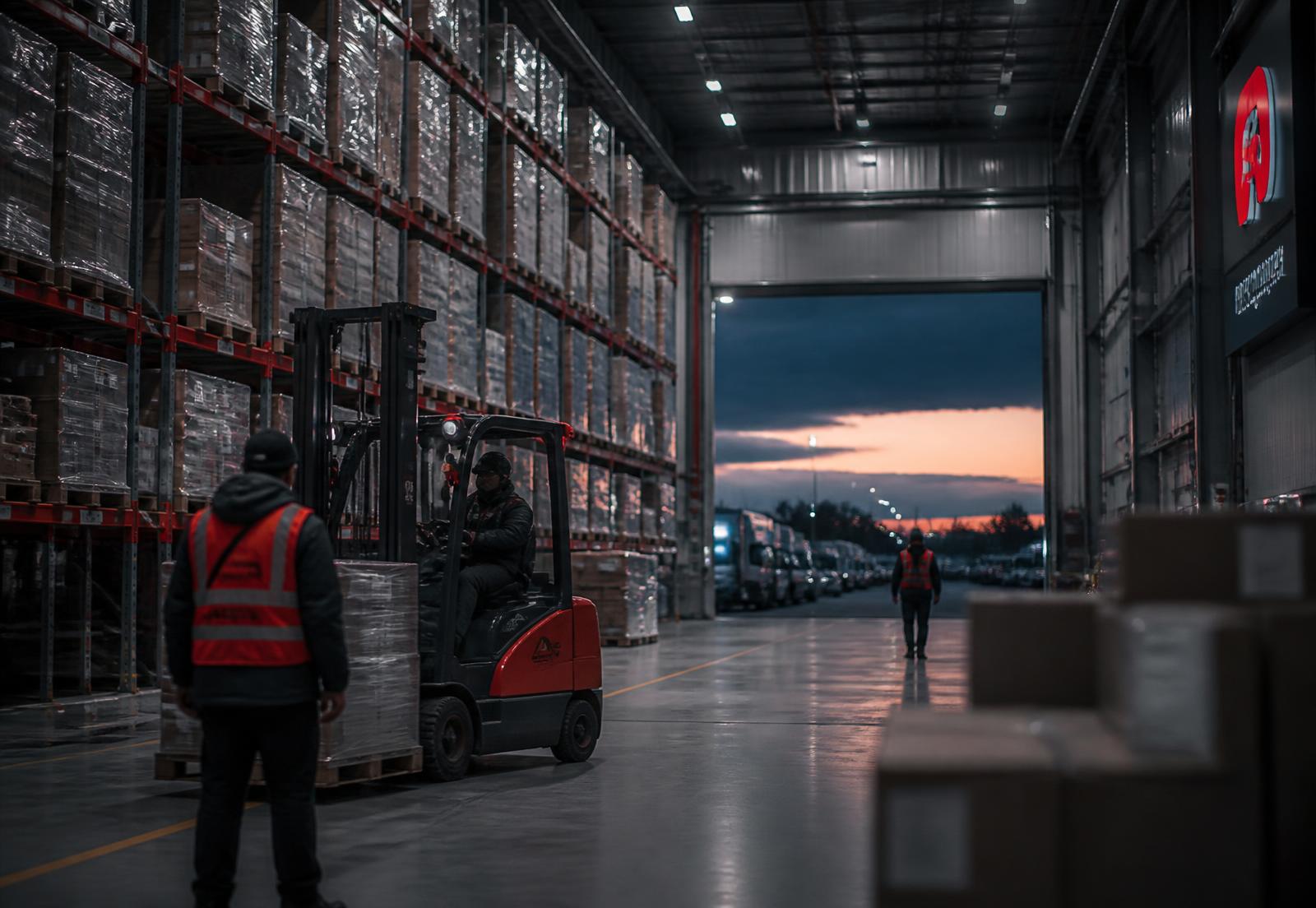 Centro de distribuição TRX com porta-paletes e operação de empilhadeira