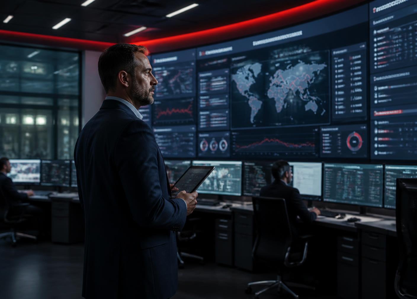 Sala de controle logístico com indicadores de operação em tempo real