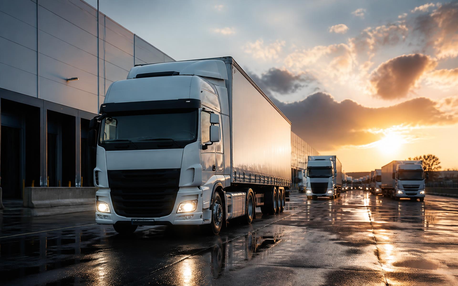 Frota de caminhões da TRX Transportes deixando o centro de distribuição ao amanhecer